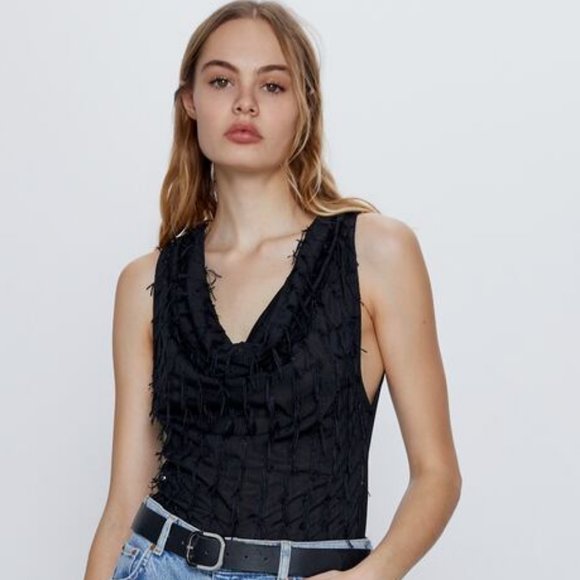 NWT Zara Fringed Bodysuit Black - Picture 2 of 9